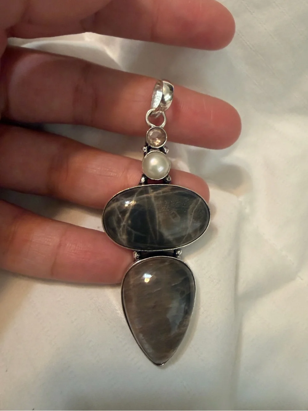 Sterling Silver Gray Moonstone and Pearl Pendant Necklace - Elegant Gray Tones